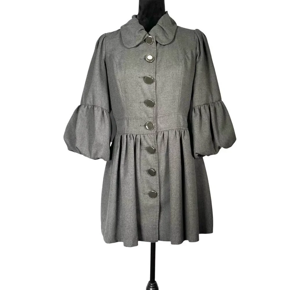 Forever 21 Gray Jacket Fit Flare Coat Steampunk Whimsygoth Puff Balloon Sleeve